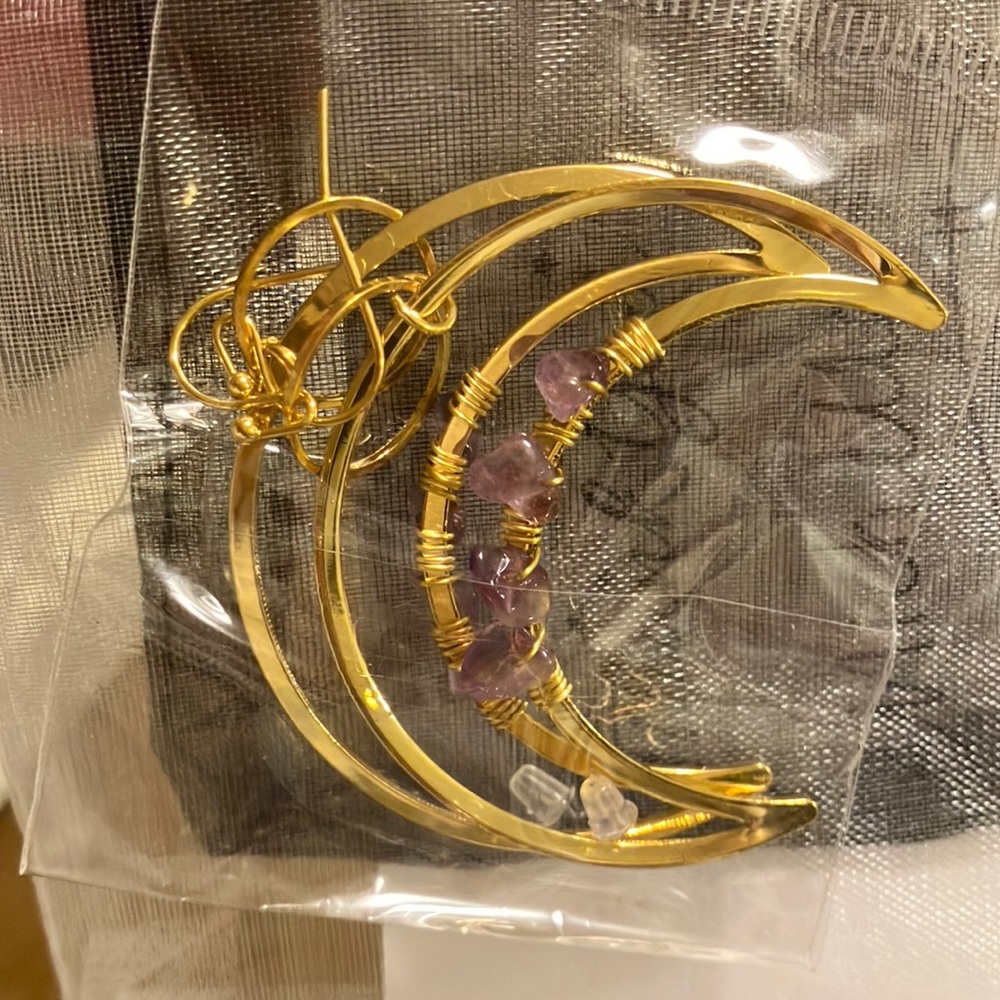 Genuine Amythest Crescent Moon Earrings - Picture 3 of 3